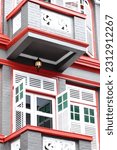 Small photo of old Chinese shophouse architecture facade windows conserved revamped redo makeover windows balcony outlook new repainted
