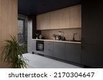 Small photo of Modern and elegant kitchen, with black and wooden cupboards and big window with blinds