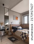 Small photo of Spacious and stylish bedroom with cozy bed in wooden fame, big mirror, small window and decorations