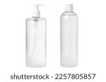 Set. Moisturizing toner, serum, micellar water isolated on white background. Transparent cosmetic bottles. With dispenser