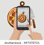 Pizza. Hand Holding Smartphone...