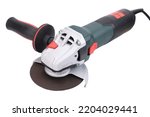 Angle grinder with a disc for cutting stainless steel metal on a white background.
