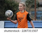 Small photo of Darcie Greene takes a throw on during FA Women's National League game between Brighouse Town AFC and West Brom at Plumpton Park, Bradford, England, April 9th 2023.