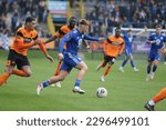 Small photo of Harvey Gilmour of FC Halifax Town controls the ball during the match against Eastleigh FC at The Shay Stadium in Halifax, England on April 29th 2023.