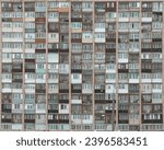 Old facades of brutalist soviet socialist buildings. The gloomy balconies of Russian flats.