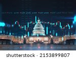 Front view, Capitol dome building at night, Washington DC, USA. Illuminated Home of Congress and Capitol Hill. Forex graph hologram. The concept of internet trading, brokerage and fundamental analysis