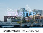 Panorama city view of Boston Harbour at day time, Massachusetts. Building exteriors of financial downtown. Startup company, launch project to seek and develop scalable business model, hologram sketch