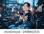 Small photo of Woman in trouble when disaster strikes and phone lines are disconnected