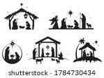 Set of holy Christmas scene. Collection of silhouettes traditional christian characters holy night. Family holidays. Vector illustration of sacred elements for holiday cards.