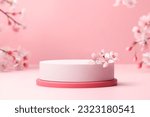 Small photo of Round podium for cosmetic beauty product with cherry blossom flowers
