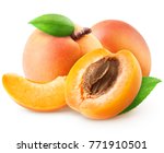 Isolated group of apricots. Two whole apricot, piece, half with leaves isolated on white background with clipping path