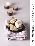 Small photo of Turkish Delight with Nuts Coconut Chocolate Rahat Lokum Traditional Turkish Sweets Turkey Desserts Gray Background