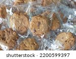 Homemade cookie in plastic bag package with close up shot,food packaging concept.