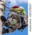 Small photo of Worker Uses Climbing Equipment to Ascend Utility Pole