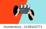 Small photo of Collage art kid hands holding clapper board making video cinema in studio.Movie production clapper board, slate film.Action, theatre day.cut, Director, film industry, hollywood.Video live streaming.