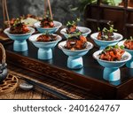 Small photo of Chinese braised pork in high end sophisticated fine dining restaurant, expensive food, dark background with smoke