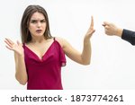 Small photo of Negative human emotions and feelings. Lovely female frowning to the zilch sign her man shows her saying that she is going to get zero nothing.