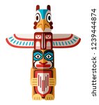 Colored Indian Totem. Wooden object symbol animal plant representation family clan tribe. Flat vector illustration isolated on white background.