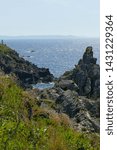 Small photo of Polperro Cornwall England. June 2019. The western rocks on the coastline outside the harbour. Rocky pinnacle Glimps of lighthouse on eastern cliff. Moderate sea