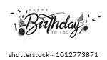 Happy Birthday lettering text banner with balloon, hat, candle, confetti, black color. Vector illustration.