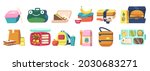 Set of Lunchboxes, Lunch and Bento Boxes Collection with Dinner, Fast Food and Healthy Vegetables Boxed in Containers and Bags. Packed Meals in Funny Childish Packing. Cartoon Vector Illustration