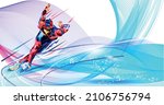 Olympic games Beijing 2022.The polygonal colourful triangles figure of a young man skier with on a blue background. Vector illustration in a geometric triangle of XXIV style Winter games Vector
