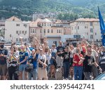 Small photo of Sarajevo, Bosnia and Herzegovina- June 27 2021: BH fans are greeting the BH Women's Basketball Team in front of the City Hall