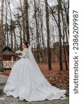 Small photo of The bride is wearing a white voluminous dress with a long train, holding a bouquet and posing while walking in the forest. Winter wedding.