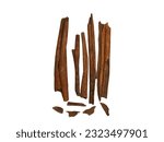 Small photo of Cinnamon sticks isolated on white background closeup. Canella spice. Aromatic condiment background.