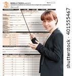 Small photo of She explains the model to pay taxes in Italy. Background with module design with the words Model 730/2016 income in 2015 simplified declaration of taxpayers who use tax assistance. Revenue Agency.