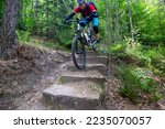 Mountain biker riding stairs on a difficult single trail 
