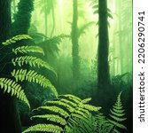 Prehistoric antediluvian forest landscape with primitive trees and ferns. Tropical primeval environment. Digital 3D illustration.