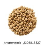 Small photo of top view overhead pet dog cat food kibble feed pellet isolated on white background. pile of pet dog cat food kibble feed pellet isolated. heap of pet dog cat food kibble feed pellet isolated flat lay