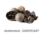 Small photo of black dry persian lime loomi amani isolated on white background. black dry persian lime loomi amani isolated. group of black dry persian lime loomi amani isolated