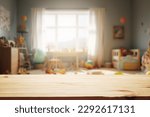 Small photo of Wooden table free space over blur background of childrens room with kid toys. Product display presentation.