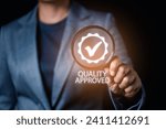 Small photo of Businessman's hand holds a magnifying glass, meticulously inspecting product quality, ensuring that products meet the highest standards of scrutiny and validation