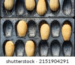 freshly baked shell shaped Madeleine cookies removed from vintage metal mold pan