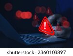 Small photo of Businessman or employee with warning triangle sign for warning error Hack Alert System Warning cyber attack