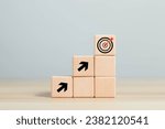 Small photo of Wooden blocks showing planning goals, business investment concept, strategy, business, vision, precision, digital, objectives, customers, objectives, value, goals, investment growth and development.