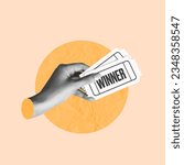 Small photo of winning ticket, hand with winning ticket, enter ticket, winning prize, win money, contest prize, gift, voucher, coupon, concept, collage art, collage photo