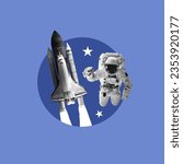 Small photo of space travel, astronaut, spaceship, space travel, spaceship takeoff, floating astronaut, ship in space, space race, concept, collage art, collage photo