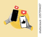 Small photo of mobile phone, hand with cell phone, share social networks, like, like, sharing likes, interaction between cell phones, symbol, hearts, interaction in social networks, concept, collage art