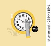 Small photo of time change, hand adjusting clock, wall clock, hand pointing clock, time change in the world, time change by regions, increase an hour, remove an hour, 12 hours, 24 hours, concept, collage art, photo