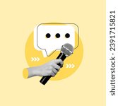 Small photo of Media interview, speech bubble, microphone, professional interview, famous interview, interview, hand with microphone, dialogue, chat, dialogue, speech bubble, podcast, Journalist, Journalism, Media