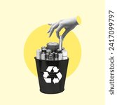 Small photo of Recycle bin, old battery, can with batteries, recycling batteries, hand with battery, recycling, thinking about the planet, Battery, Recycling, Heap, Garbage, Garbage container, Old, Electrical