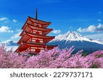 Small photo of Cherry blossoms in spring, Chureito pagoda and Fuji mountain in Japan.