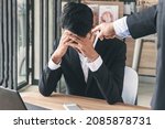 Small photo of Businesspeople bosses use finger point blame. Serious businessman headache stress sitting cafe with manager use finger blaming problem work. Accused businessman pressure with fingers pointing concept.