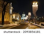 Small photo of Moscow, Russia. Night view of Sofiyskaya embankment. Crist The Saviour catherdral. Winter. December