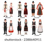 A set of couples in folk costumes of European countries. Moldova, Romania, Bulgaria, Serbia, Hungary, Slovakia. Culture and traditions. Illustration, vector