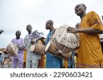 Small photo of Osun State, Nigeria - August 9th, 2015 - Drummers performing during Iwopopo rite. Among the adherents of African traditional religion, the Osun festival is a big event.